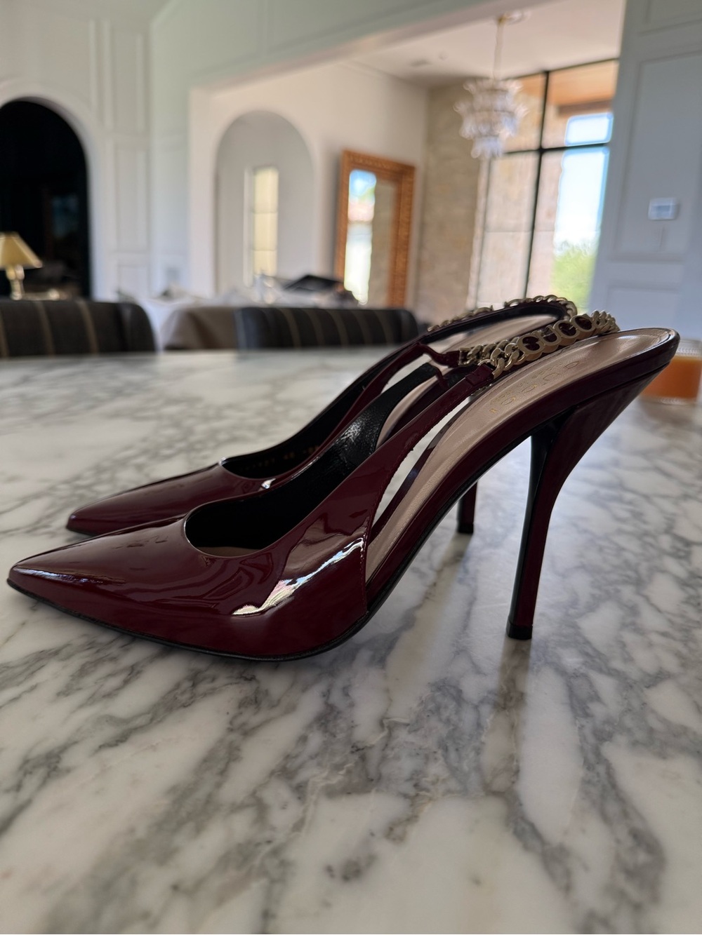 Gucci Burgundy Patent Leather Pointed Slingback Heels with Chain